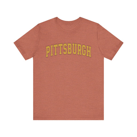 Heather clay Vintage Classic Pittsburgh Short Sleeve T-Shirt with bold yellow Pittsburgh text, great for new releases and fast shipping.