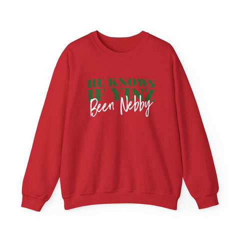 He Knows If Yinz Been Nebby - -Unisex Heavy Blend™ Crewneck Sweatshirt Sweatshirt Printify Red S 