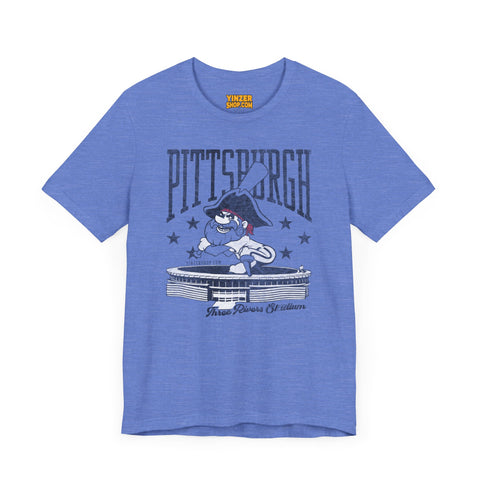 Pittsburgh Pirates Baseball Three River Stadium Retro Design - Short Sleeve Tee T-Shirt Printify Heather Columbia Blue S 
