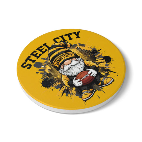 Steel City Gnome Ceramic Coaster – Pittsburgh Football Cork-Back Drink Mat