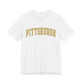 Front of white Vintage Classic Pittsburgh Short Sleeve T-Shirt with yellow arched lettering, perfect for new product collections.