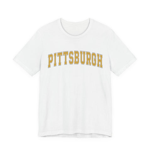 Front of white Vintage Classic Pittsburgh Short Sleeve T-Shirt with yellow arched lettering, perfect for new product collections.