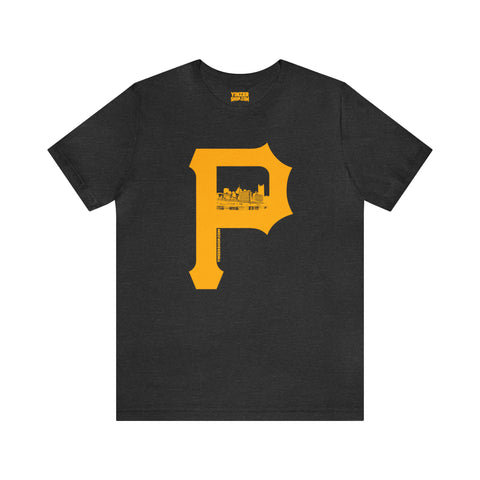 Pittsburgh Skyline - P for Pittsburgh Series - Short Sleeve Tee T-Shirt Printify Dark Grey Heather S 