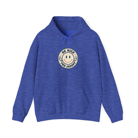 Be Nice You Jerk smiley crest Hoodie | cheeky slogan, vintage patch style