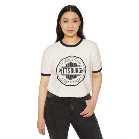 Pittsburgh Vintage Stamp - Unisex Cotton Ringer T-Shirt