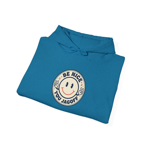 Be Nice You Jerk smiley crest Hoodie | cheeky slogan, vintage patch style
