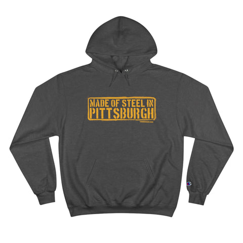 Made of Steel in Pittsburgh Hoodie Black - Champion Hoodie Hoodie Printify Charcoal Heather S 