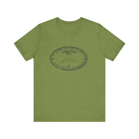 Pittsburgh Border Stamp - Short Sleeve T-Shirt in heather green, featuring a black Pittsburgh stamp, perfect for fast delivery and slim fit style.