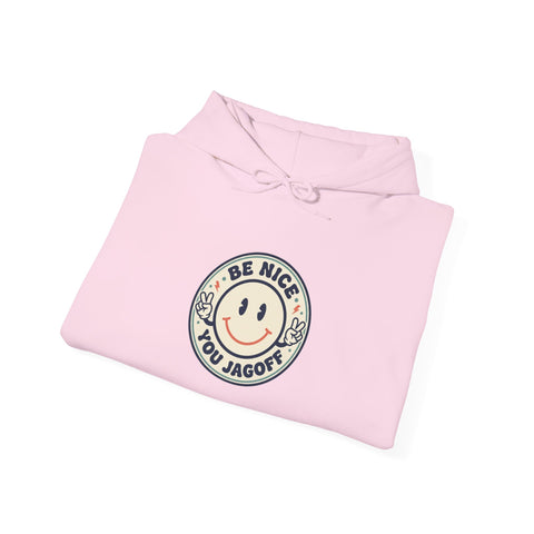 Be Nice You Jerk smiley crest Hoodie | cheeky slogan, vintage patch style