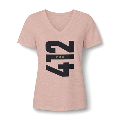412 Bold Vertical Number Women's V-neck Tshirt  — Minimalist Monochrome Graphic T-Shirt