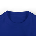 Close-up of royal blue Cleveland Smells Like My Diaper baby tee collar, soft cotton for infant comfort.