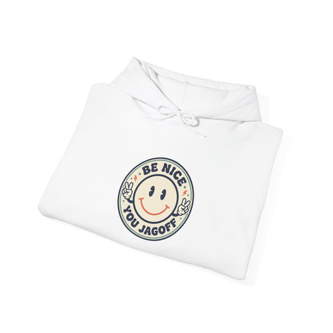 Be Nice You Jerk smiley crest Hoodie | cheeky slogan, vintage patch style
