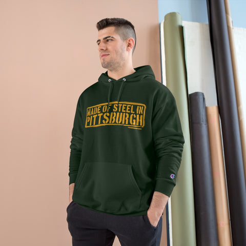 Made of Steel in Pittsburgh Hoodie Black - Champion Hoodie Hoodie Printify   