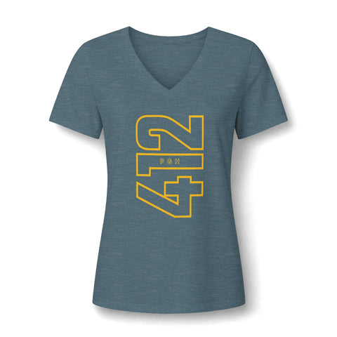 412 Bold Vertical Number Women's V-neck Tshirt  — Minimalist Monochrome Graphic T-Shirt