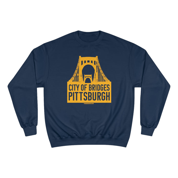 Pittsburgh, City of Bridges - Champion Crewneck Sweatshirt Sweatshirt Printify Navy S 