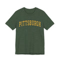 Front of forest green Vintage Classic Pittsburgh Short Sleeve T-Shirt with bold yellow text, perfect for retro-inspired fashion.