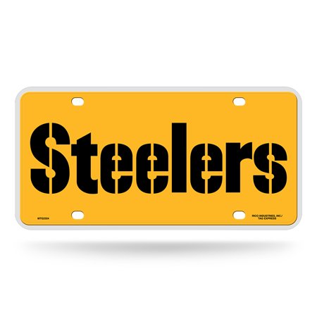 Pittsburgh Steelers Wordmark Black License Plate- Official NFL Metal License Plate - White/Black/Gold colors