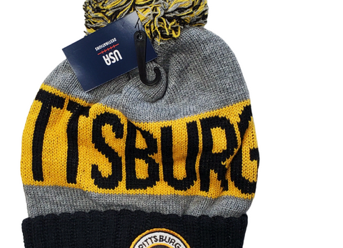 Pittsburgh Knit Pom Pom Beanie Hat Black / Yellow /Grey Knit Beanies Turnovers Inc