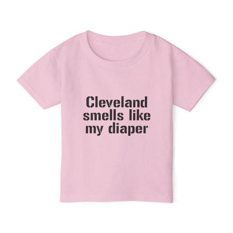 Pink Cleveland Smells Like My Diaper toddler t-shirt made of soft cotton, designed for playful kids' fashion and humorous everyday wear.