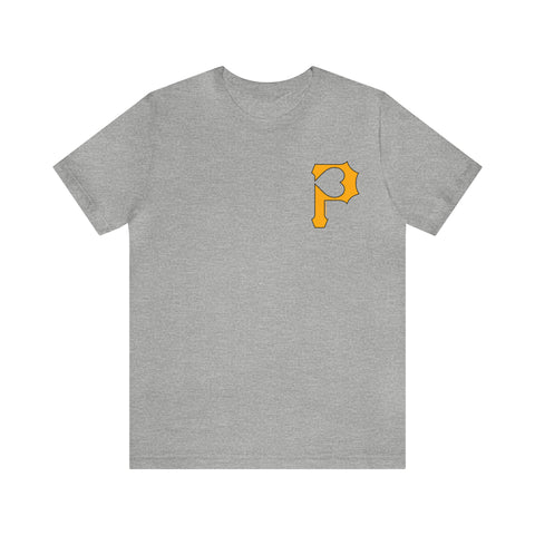 Heart of Pittsburgh - P for Pittsburgh Series - PRINT ON BACK - Short Sleeve Tee T-Shirt Printify Athletic Heather S 