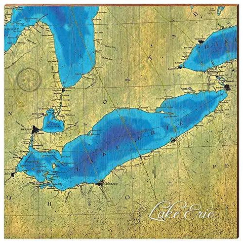 Lake Erie Map Home Decor Art Print on Real Wood Wood Sign Mill Wood Art 18" x 18"  