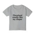 Gray Cleveland Smells Like My Diaper toddler t-shirt made from soft cotton, ideal for playful children's apparel and casual wear.