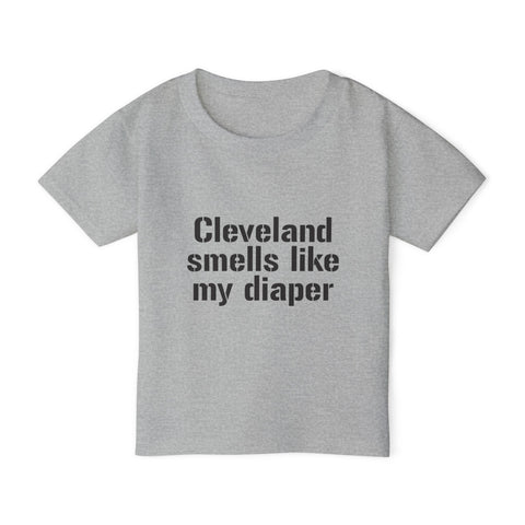 Gray Cleveland Smells Like My Diaper toddler t-shirt made from soft cotton, ideal for playful children's apparel and casual wear.