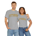 Two models wearing matching sport grey Vintage Classic Pittsburgh tees, highlighting unisex fit and casual style.