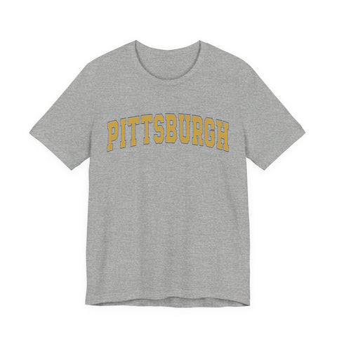 Heather gray Vintage Classic Pittsburgh Short Sleeve T-Shirt featuring yellow arched text, perfect for everyday wear and fast delivery.