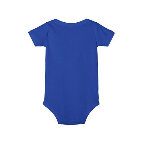 Back of royal blue baby onesie, featuring clean design and soft cotton material for infants.