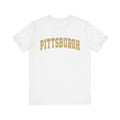 White Vintage Classic Pittsburgh Short Sleeve T-Shirt with bold yellow arched text, new product with express delivery options.