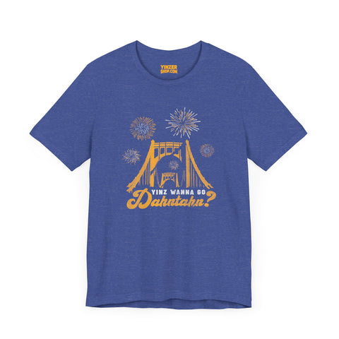 Yinz Wanna Go Dahntahn for Fireworks - Vintage Logo - Short Sleeve Tee T-Shirt Printify Heather True Royal S 