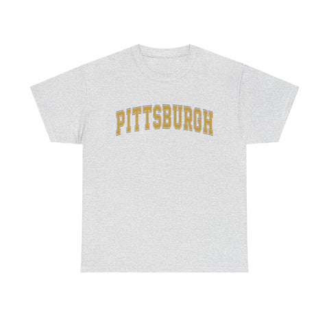 Sport grey Vintage Classic Pittsburgh tee with arched yellow lettering, unisex fit and crew neck for everyday comfort and quick shipping.