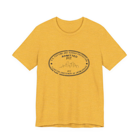 Pittsburgh Border Stamp - Short Sleeve T-Shirt in heather gold, showcasing a black Pittsburgh stamp design, available with express shipping.