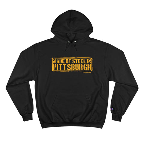 Made of Steel in Pittsburgh Hoodie Black - Champion Hoodie Hoodie Printify Black S 