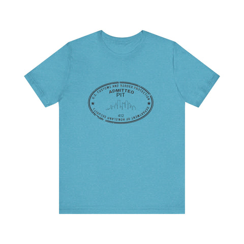Pittsburgh Border Stamp - Short Sleeve T-Shirt in heather turquoise, showcasing a black oval stamp, ideal for fast delivery and casual fashion.
