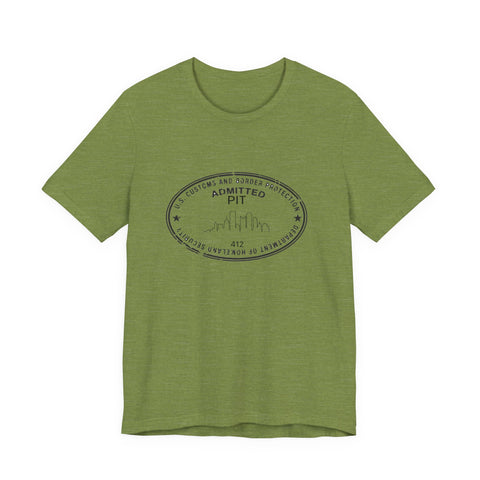 Pittsburgh Border Stamp - Short Sleeve T-Shirt in heather green with black stamp print, ideal for slim fit fashion and fast delivery.