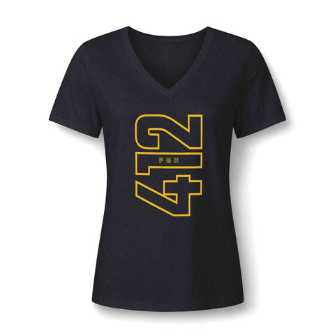 412 Bold Vertical Number Women's V-neck Tshirt  — Minimalist Monochrome Graphic T-Shirt