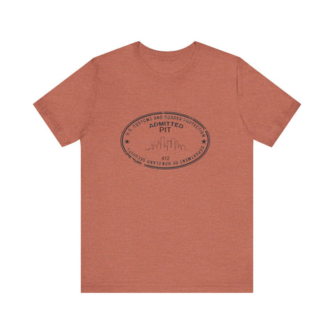 Pittsburgh Border Stamp - Short Sleeve T-Shirt in heather clay, featuring a black oval stamp print, ideal for quick shipping and stylish wear.