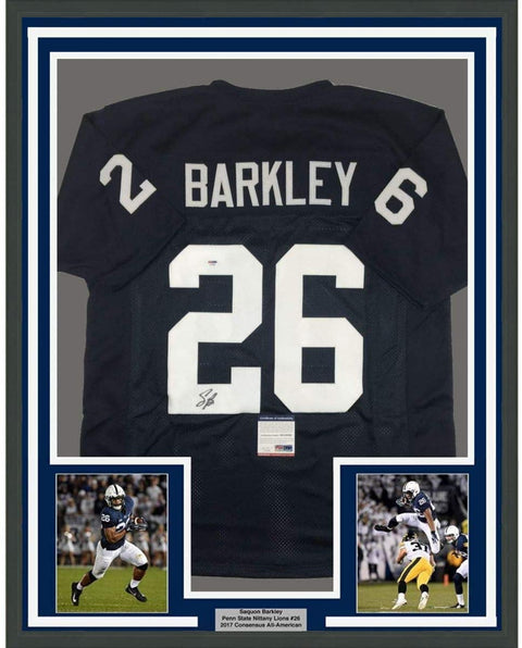 Framed Autographed/Signed Saquon Barkley 35x39 Penn State Blue College Football Jersey PSA/DNA COA