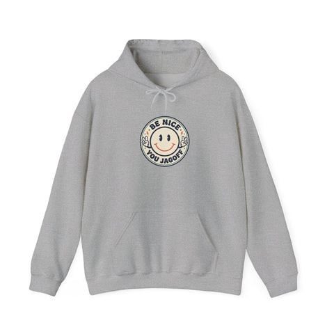Be Nice You Jerk smiley crest Hoodie | cheeky slogan, vintage patch style