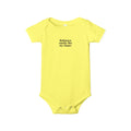 Yellow infant jersey one piece with 'Baltimore smells like my diaper' text, perfect for humorous baby clothing in bold colors.