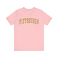 Pink Vintage Classic Pittsburgh Short Sleeve T-Shirt with yellow arched lettering, trendy slim fit and fast delivery option.