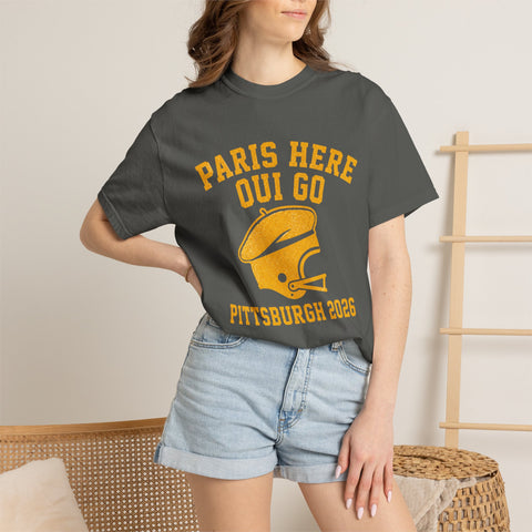 Paris Here We Go Pittsburgh 2026 French Beret Helmet on Premium Comfort Colors® T-Shirt