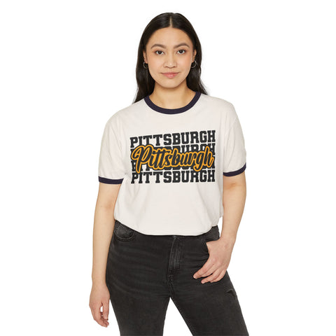 Pittsburgh Typography - Unisex Cotton Ringer T-Shirt