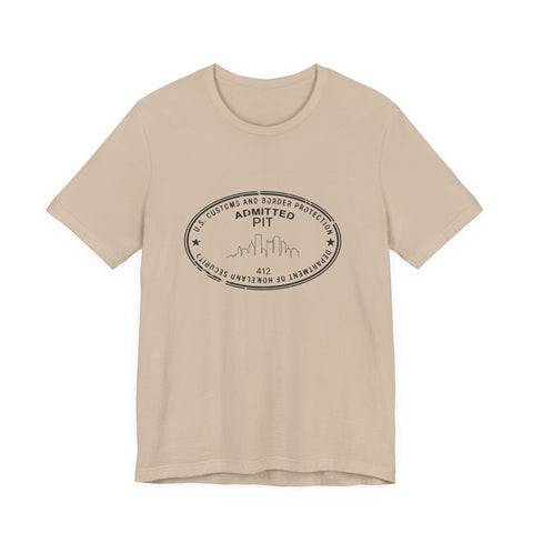 Pittsburgh Border Stamp - Short Sleeve T-Shirt in beige with black stamp design, offering fast delivery and slim fit style.