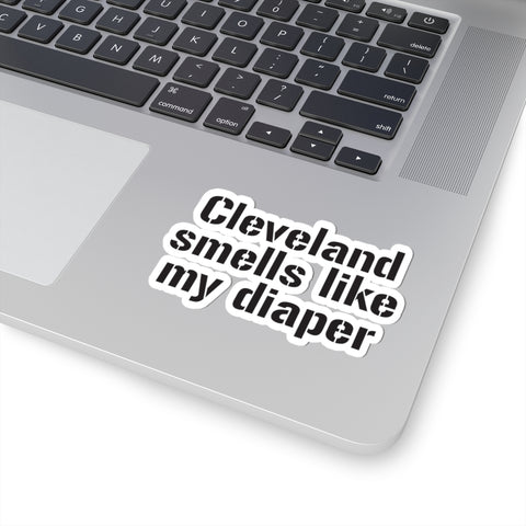 Cleveland Smells Like My Diaper sticker on a wrapped gift box, ideal for humorous holiday or birthday packaging.
