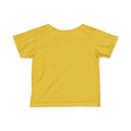 Back of yellow baby jersey T-shirt, made from soft cotton for comfortable unisex toddler wear.