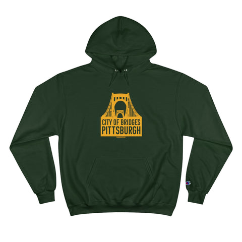 Pittsburgh, City of Bridges - Champion Hoodie Hoodie Printify Dark Green S 