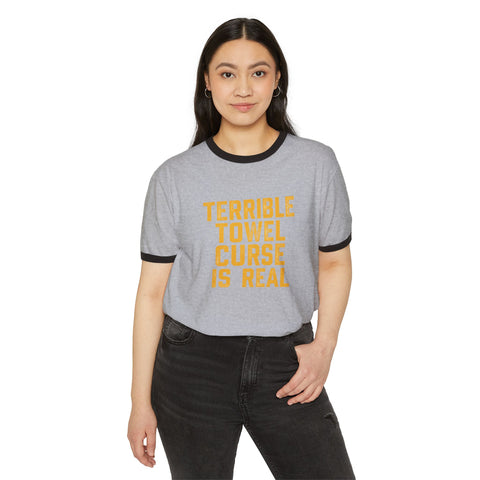 Ringer T-Shirt — "Terrible Towel Curse Is Real" Steelers Fan Tee